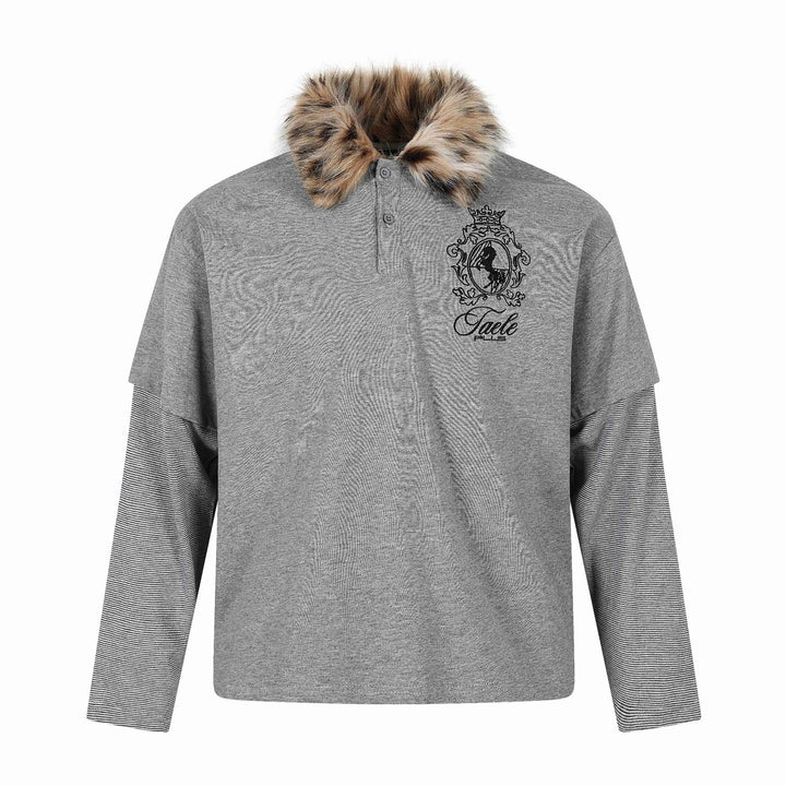 Damen Layered-Optik Langarm-Polo mit Kunstfellkragen und Wappenstickerei Drune
