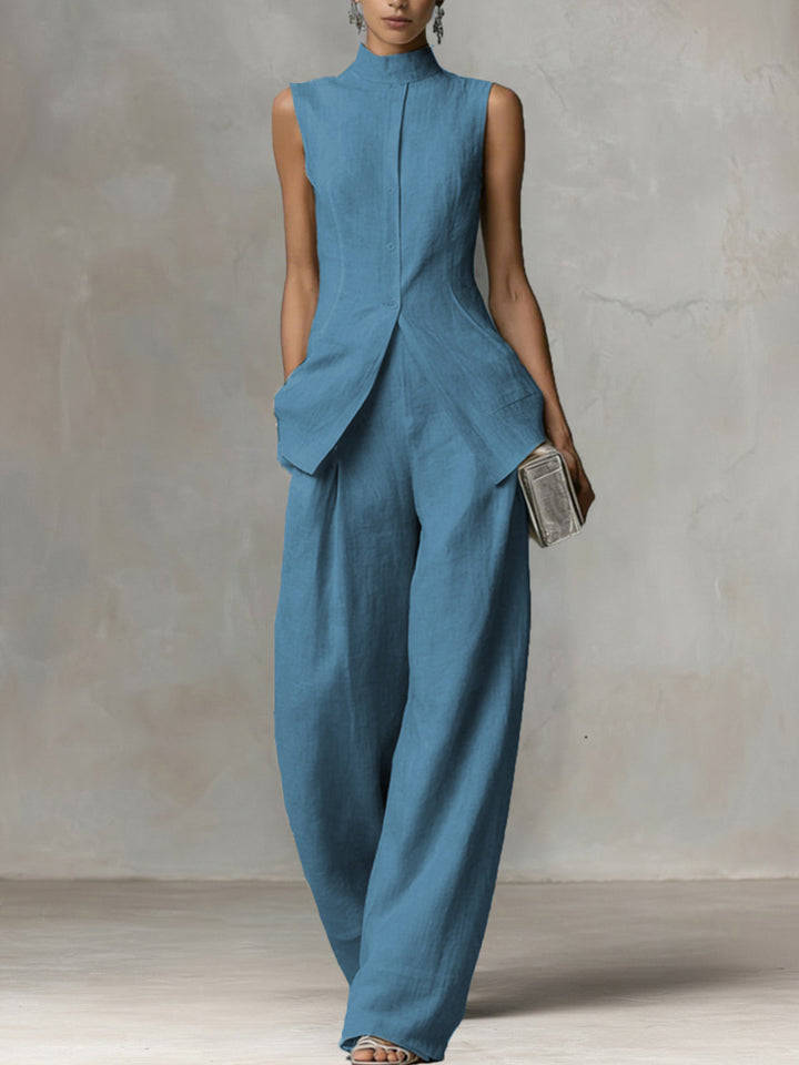 Damen Ärmelloser Leinen-Jumpsuit mit Stehkragen und weitem Bein Drune