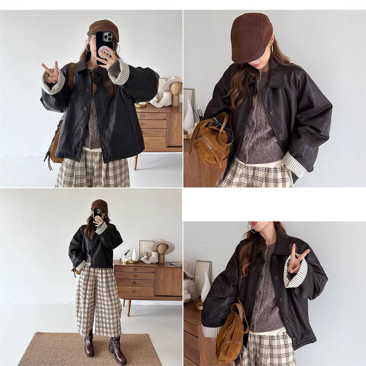 Damen Moderne Lederjacke mit gestreiften Manschetten Drune