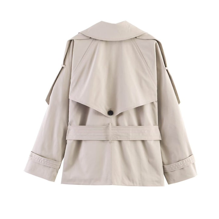 Damen Kurzer Oversize-Trenchcoat mit Bindegürtel und Cape-Detail Drune