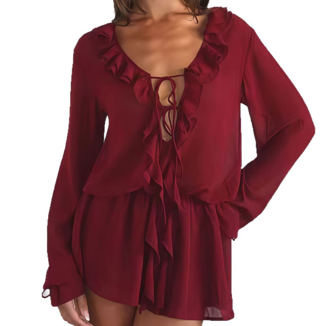 Damen Chiffonbluse mit eleganter Rüschendekoration und tiefem V-Ausschnitt Drune