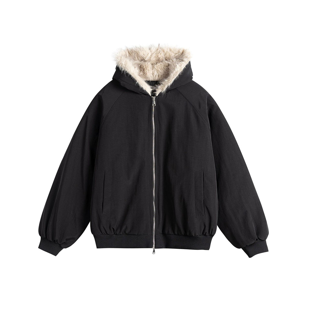 Damen Oversize-Bomberjacke mit kunstfellbesetzter Kapuze und Raglanärmeln Drune