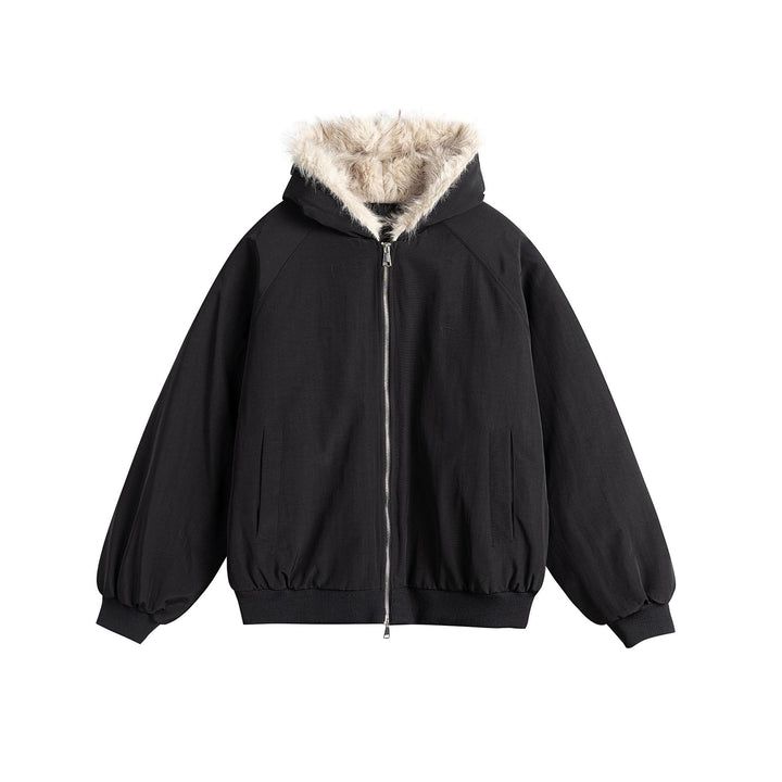 Damen Oversize-Bomberjacke mit kunstfellbesetzter Kapuze und Raglanärmeln Drune