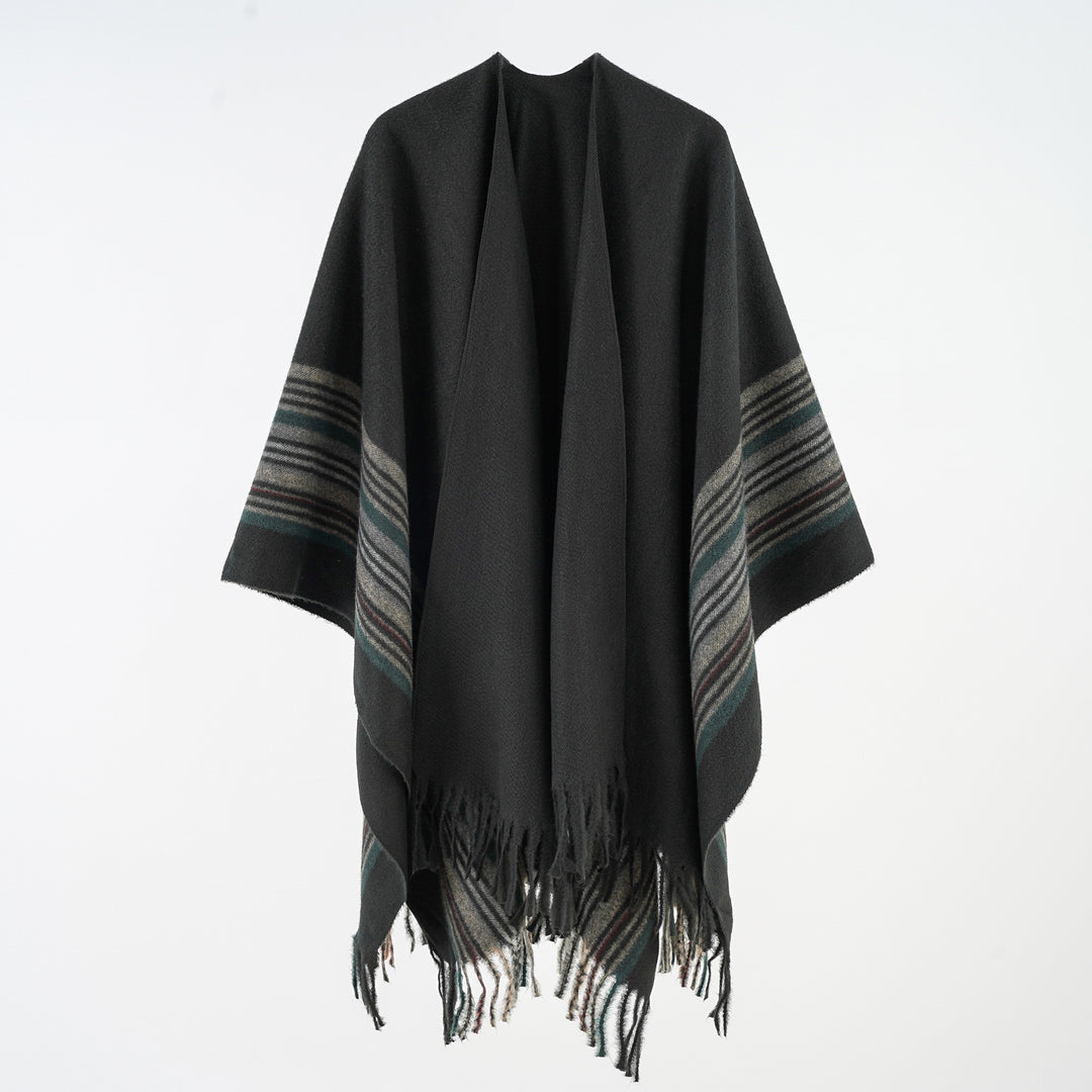 Damen Weichfallender Umlegeponcho mit gestreifter Bordüre und Fransensaum Drune