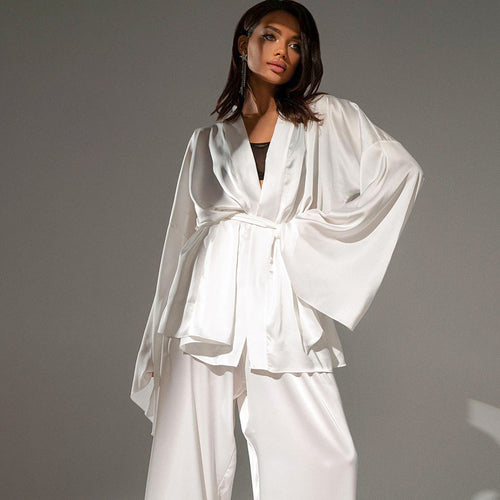 Damen satinierter Kimono-Style Morgenmantel und Hose Set Drune