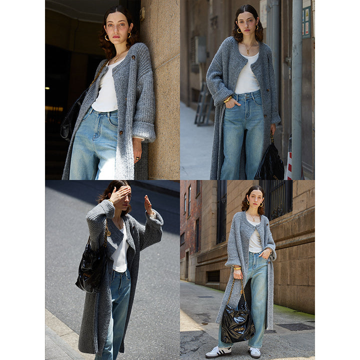 Damen langer Strickmantel mit strukturiertem Muster Drune