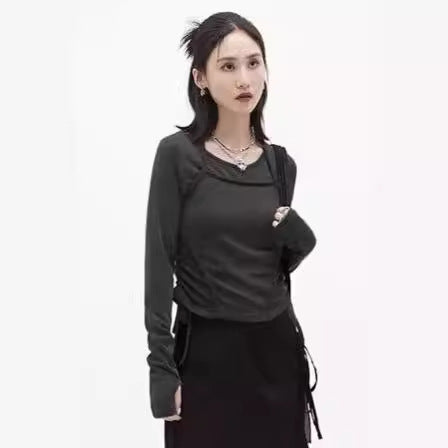 Damen Langarm Crop-Top mit verstellbarem Kordelzug Drune