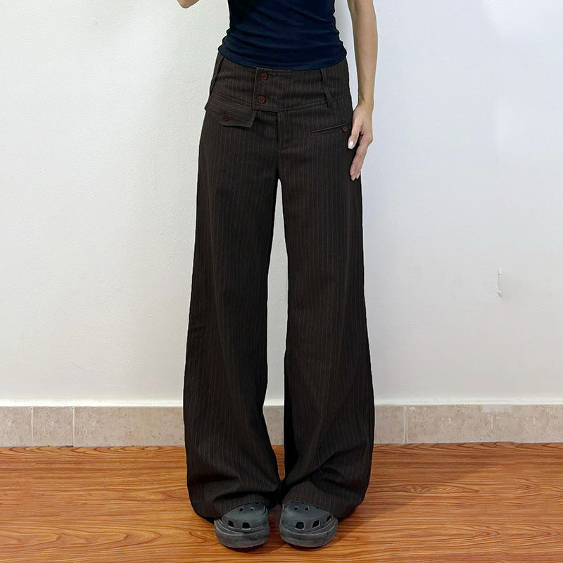 Damen Elegante weit geschnittene Streifenhose mit hoch sitzendem Bund und dekorativen Knopfdetails Drune