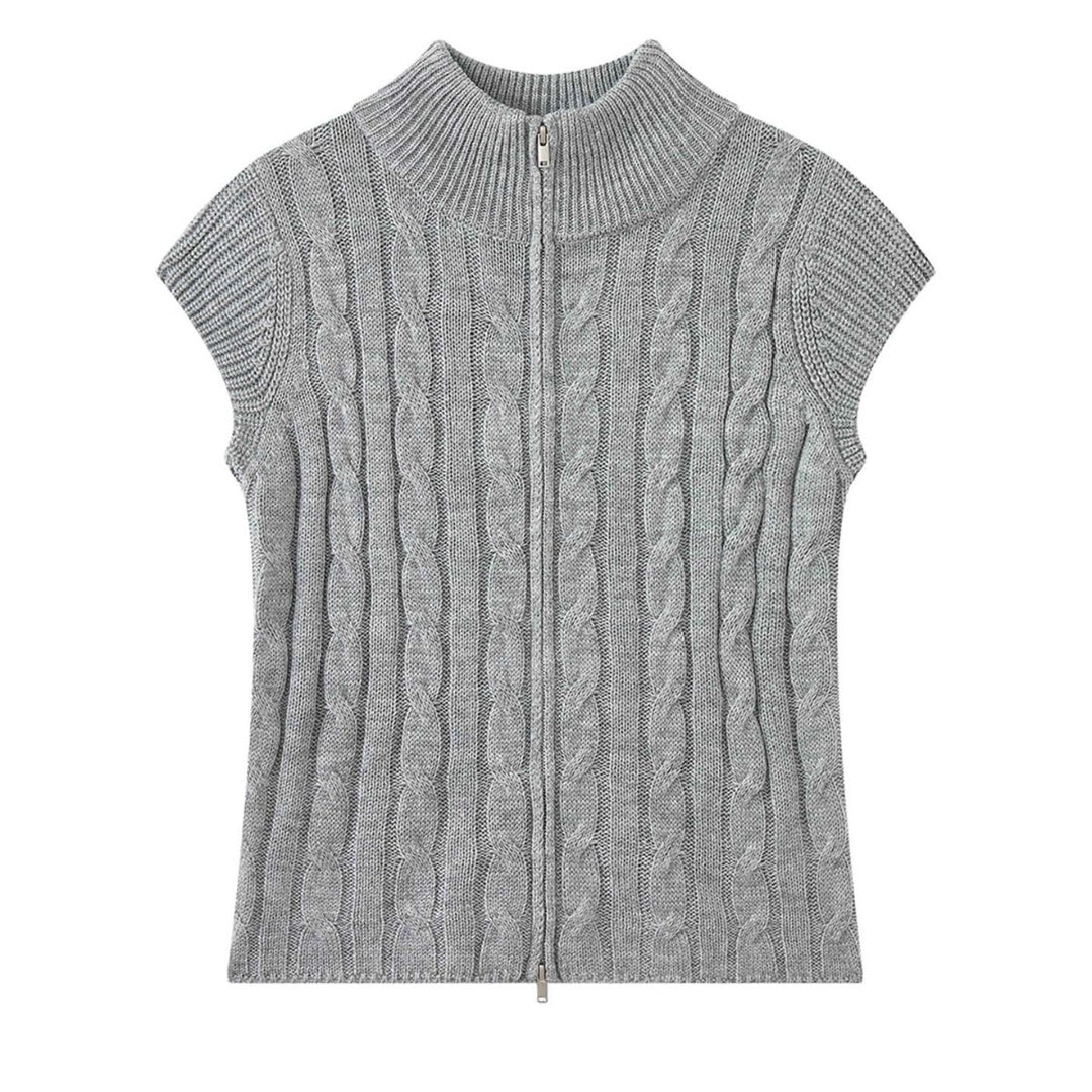 Damen Kurze Kabelstrick-Zipweste mit Stehkragen und Layering-Silhouette Drune