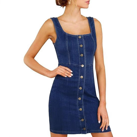 Damen Enganliegendes Jeanskleid mit durchgehender Knopfleiste und quadratischem Ausschnitt Drune