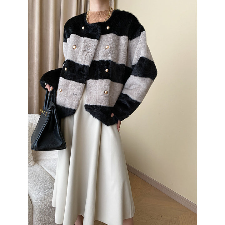 Damen modische Kunstpelzjacke mit gestreiftem Design und eleganten Druckknöpfen Drune