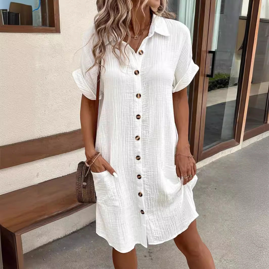 Damen lässiges Leinenhemdkleid mit Knopfleiste und Seitentaschen Drune