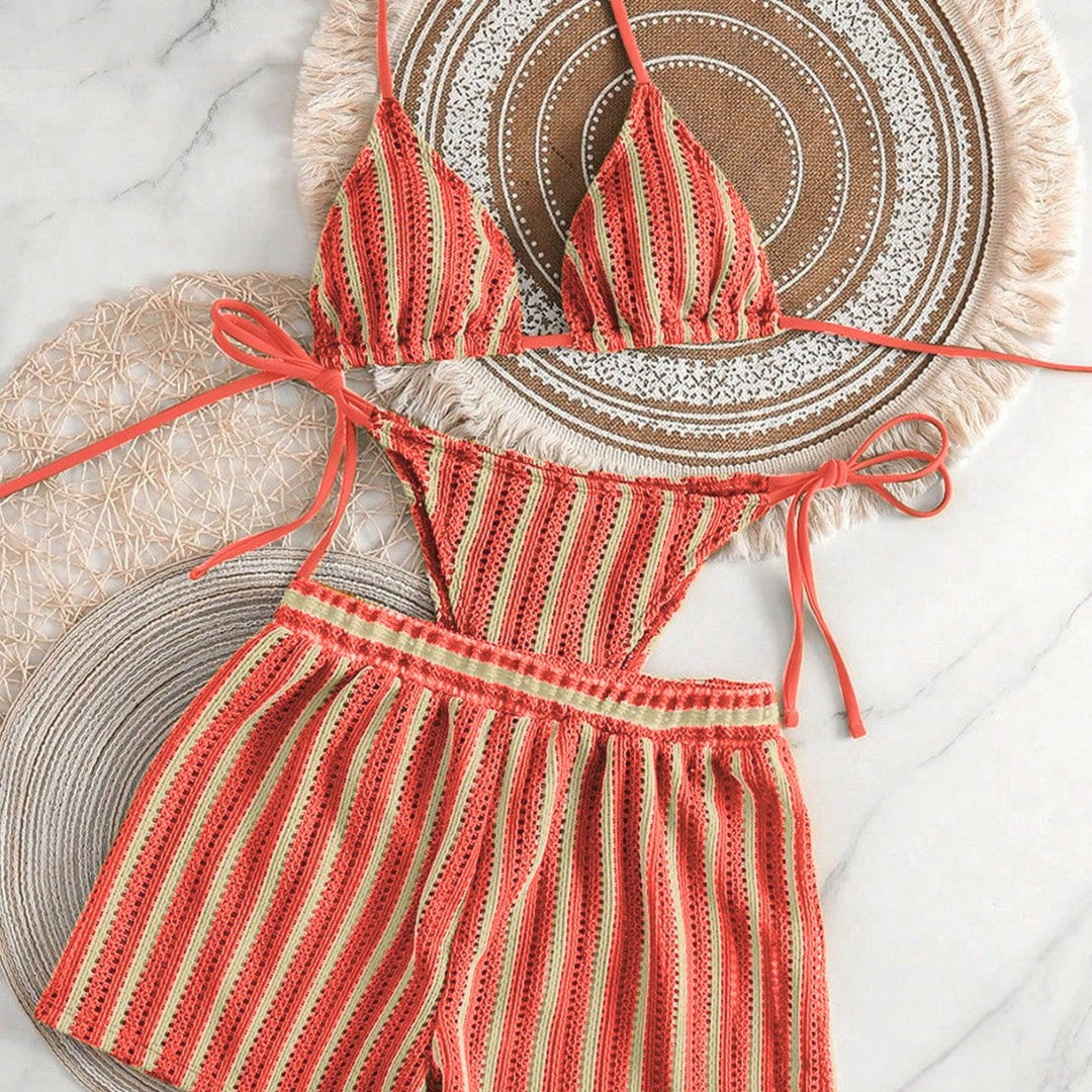 Damen Bikini-Set mit gerafftem Oberteil und hoch taillierten Shorts Drune