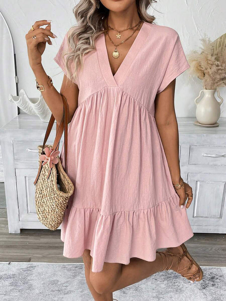 Damen kurzes Sommerkleid mit tiefem V-Ausschnitt und Rüschensaum Drune