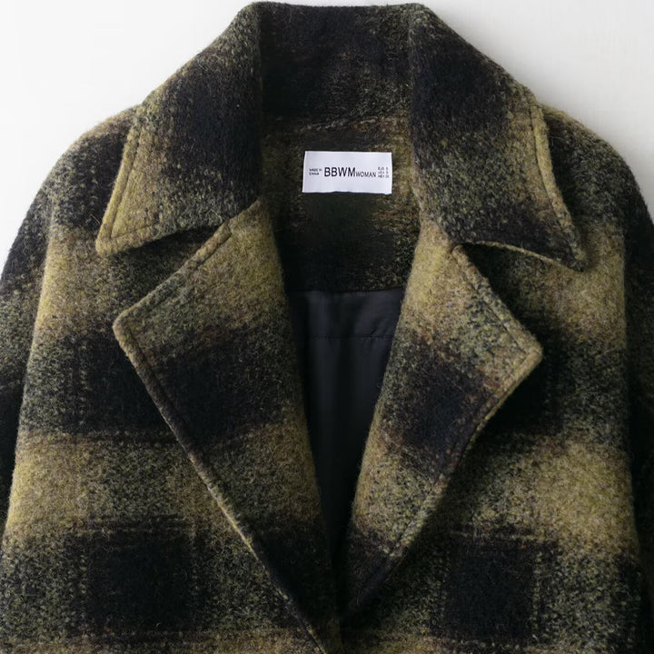 Damen Oversize Wollmix-Mantel mit Karomuster, Reverskragen und aufgesetzten Taschen Drune