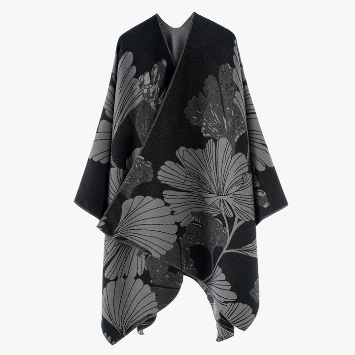 Damen Jacquard‑Capeponcho mit großflächigem Blatt‑Jacquard und offenem Wickelschnitt Drune