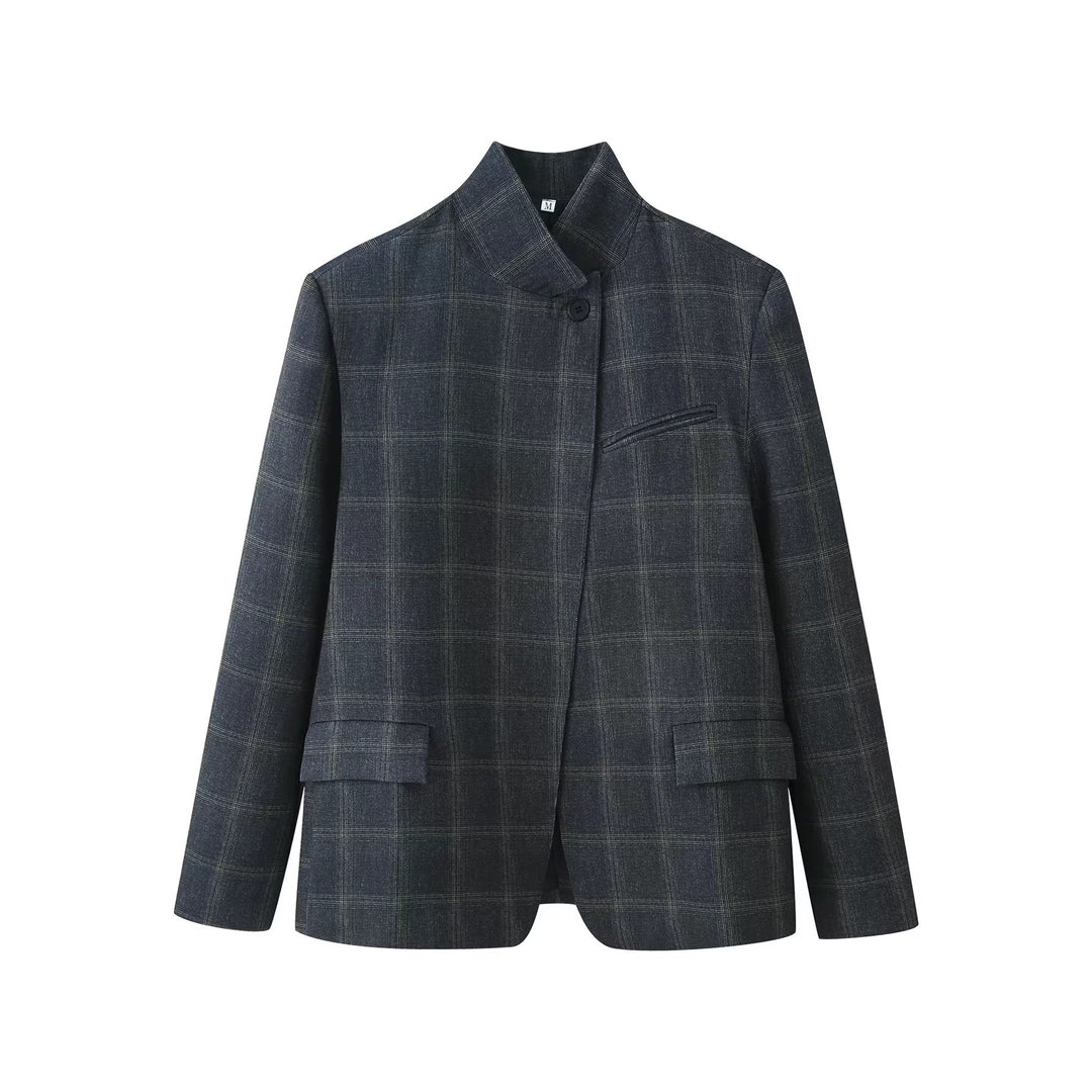 Damen Gerade geschnittener Glencheck-Blazer mit Stehkragen und Pattentaschen Drune
