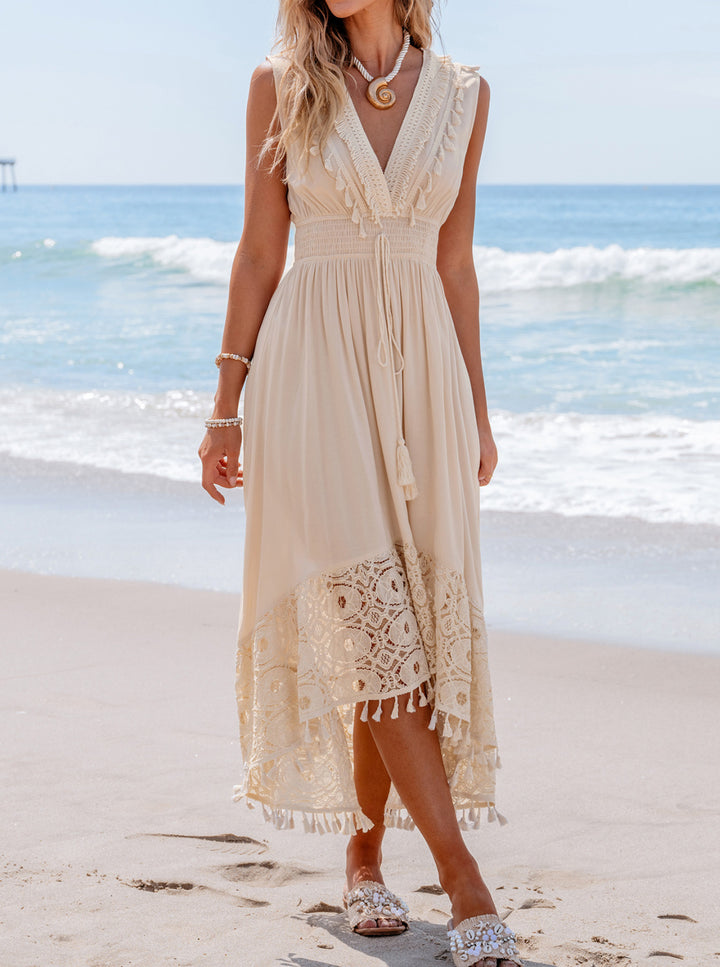 Damen Bohemian Maxikleid mit Spitzen- und Rüschendetails Drune
