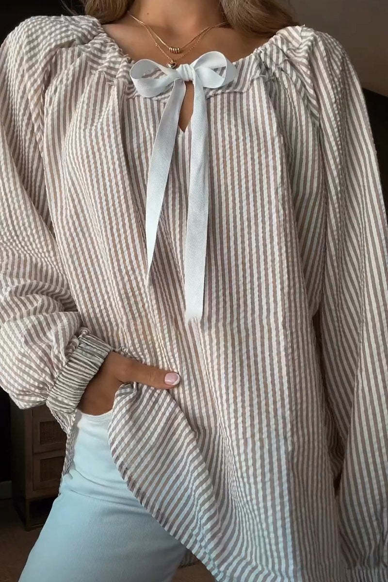 Damen Bluse mit elastischem Ausschnitt und Schleifenbindung Drune