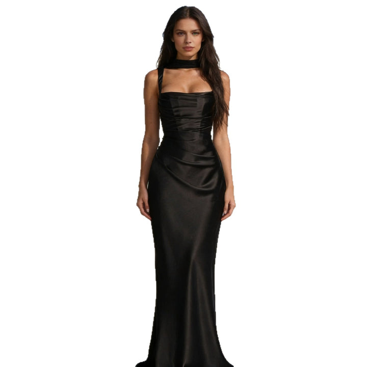 Damen Elegantes Satin-Maxikleid mit schulterfreiem Design und figurbetontem Schnitt Drune