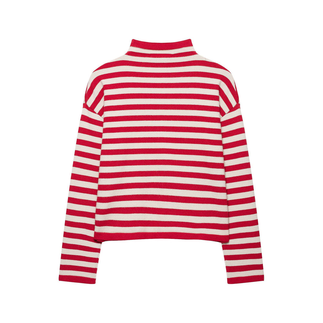 Damen Gestreifte Cropped-Strickjacke mit Stehkragen und durchgehender Knopfleiste Drune