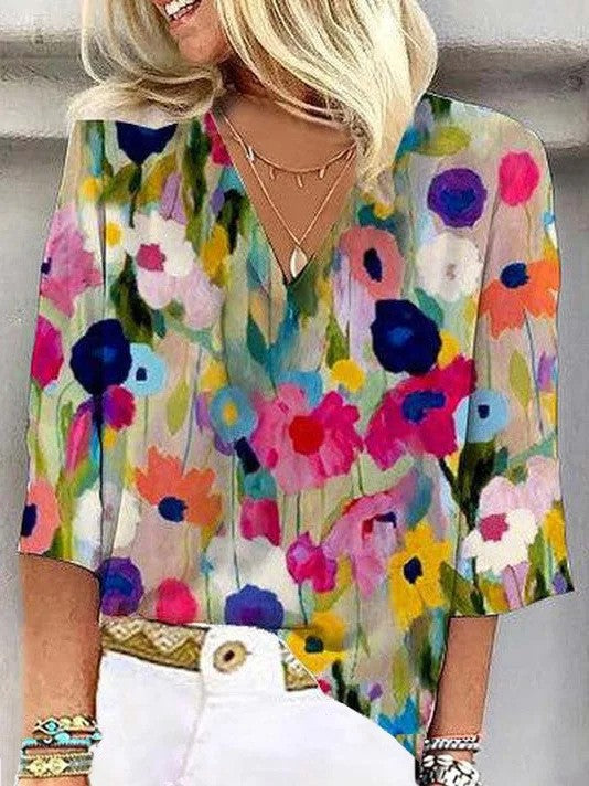 Drune | Kurzärmlige Farbenfrohe Blumenbluse mit V-Ausschnitt