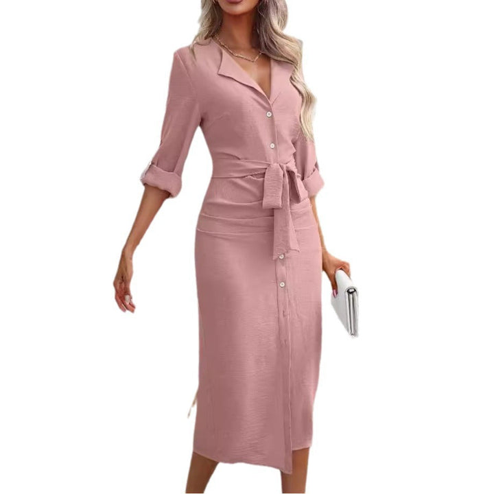 Damen Knielanges Hemdblusenkleid mit Taillengürtel Drune