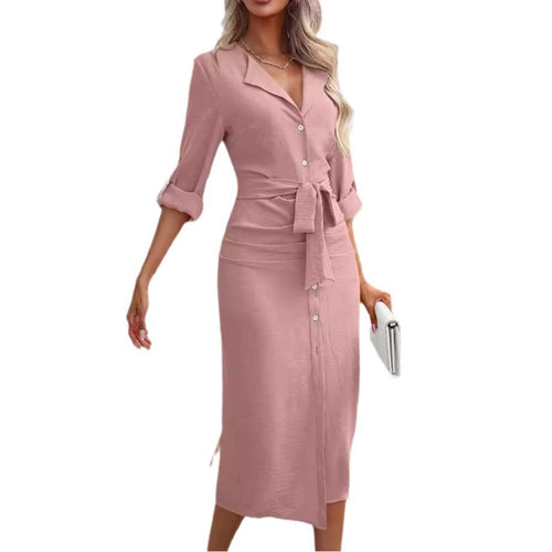 Damen Knielanges Hemdblusenkleid mit Taillengürtel Drune