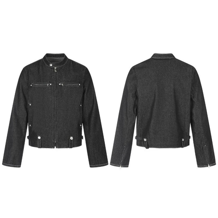 Damen kurze Denim-Bikerjacke mit Stehkragen, Reißverschluss und Druckknopfdetails Drune