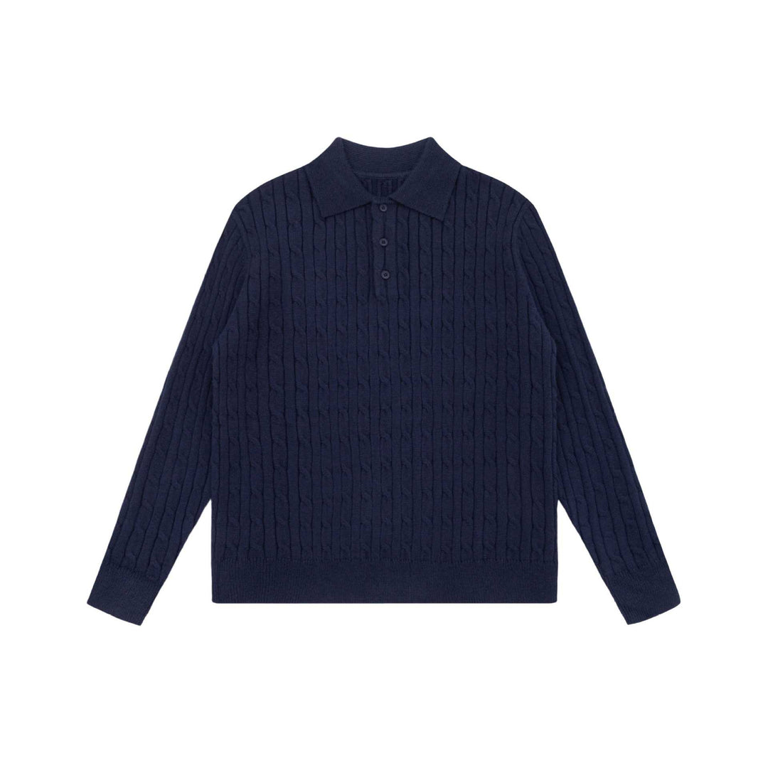 Unisex Grobstrick-Polokragen-Pullover mit Zopfmuster und halber Knopfleiste Drune