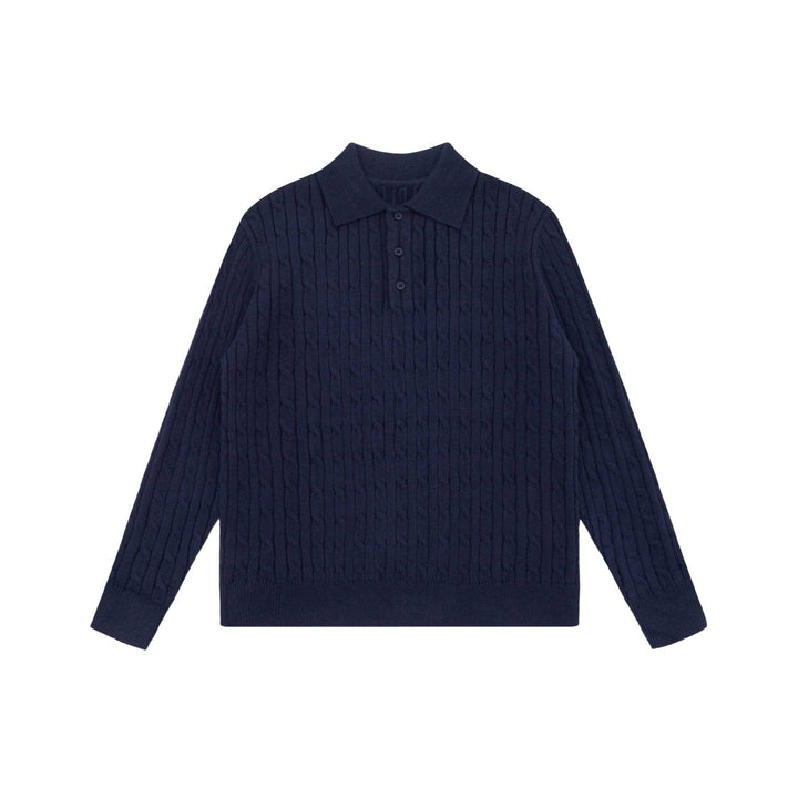 Unisex Grobstrick-Polokragen-Pullover mit Zopfmuster und halber Knopfleiste Drune