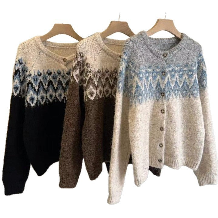Damen Grobstrick Cardigan mit geometrischem Fair-Isle-Muster und eleganter Knopfleiste Drune