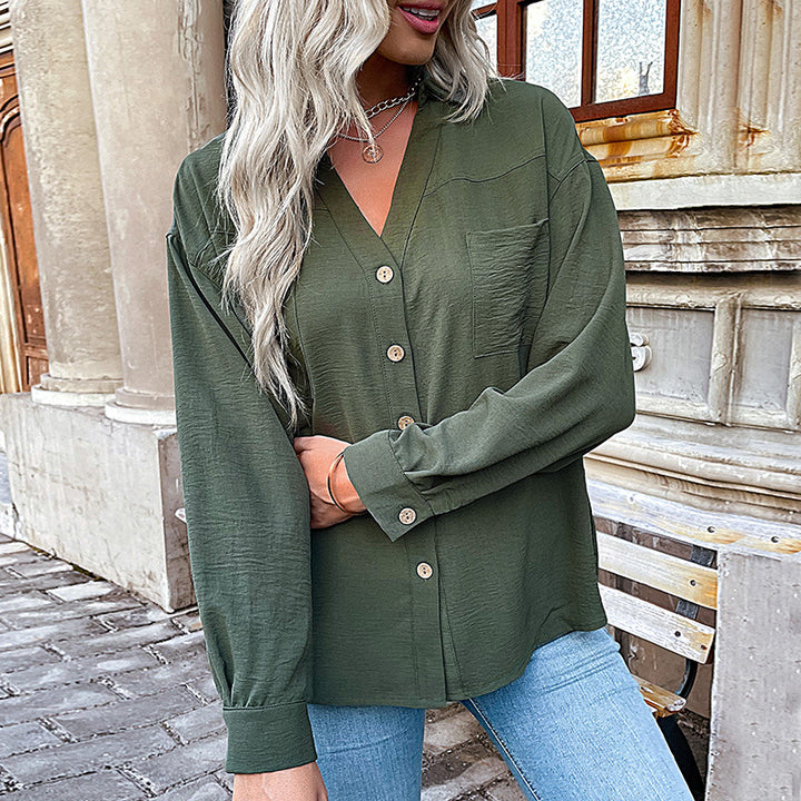 Damen Oversize Crinkle‑Hemdbluse mit V‑Ausschnitt, sichtbarer Knopfleiste und Brusttasche Drune