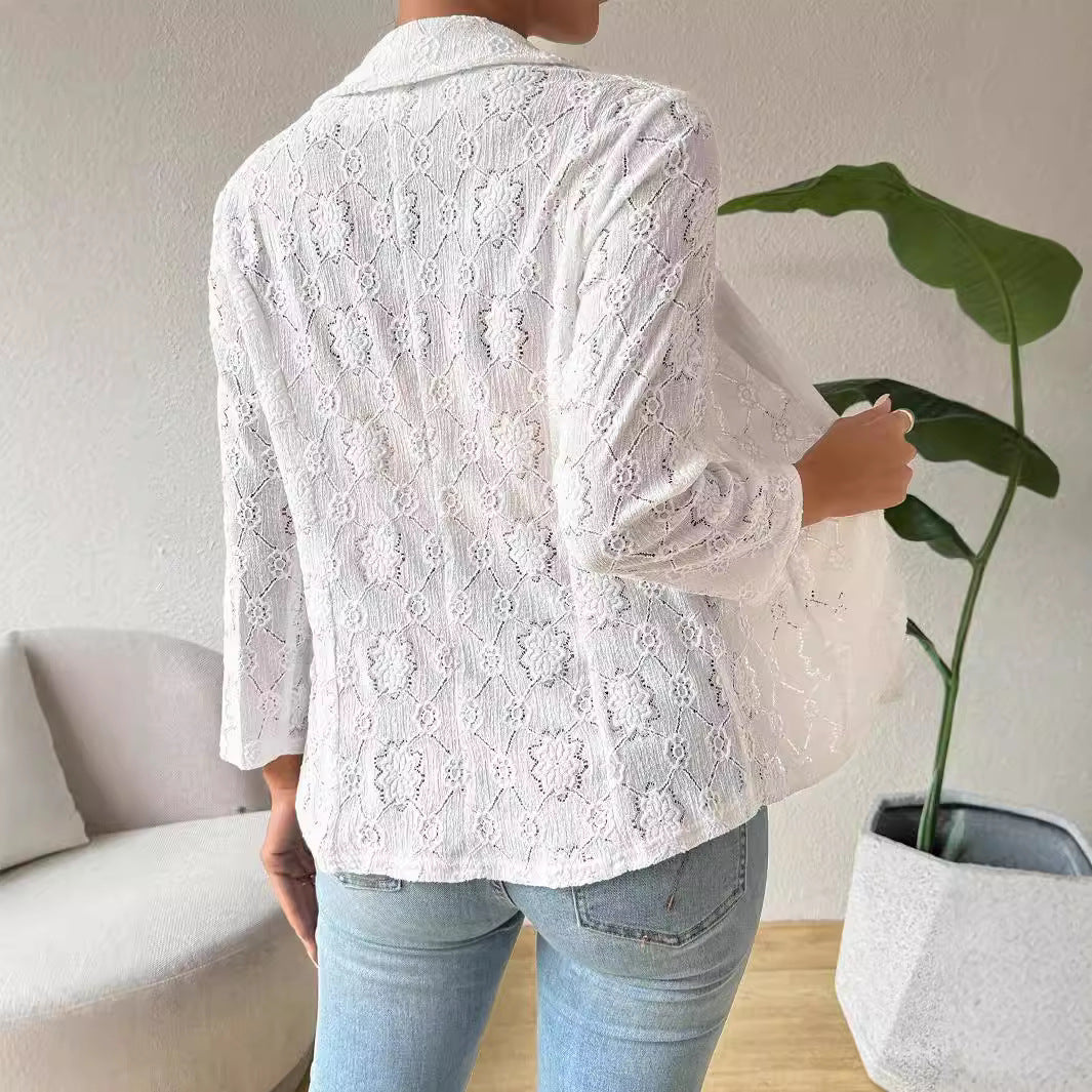 Damen nan transparenter Spitzenblazer mit Schalkragen und dreiviertellangen Ärmeln Drune