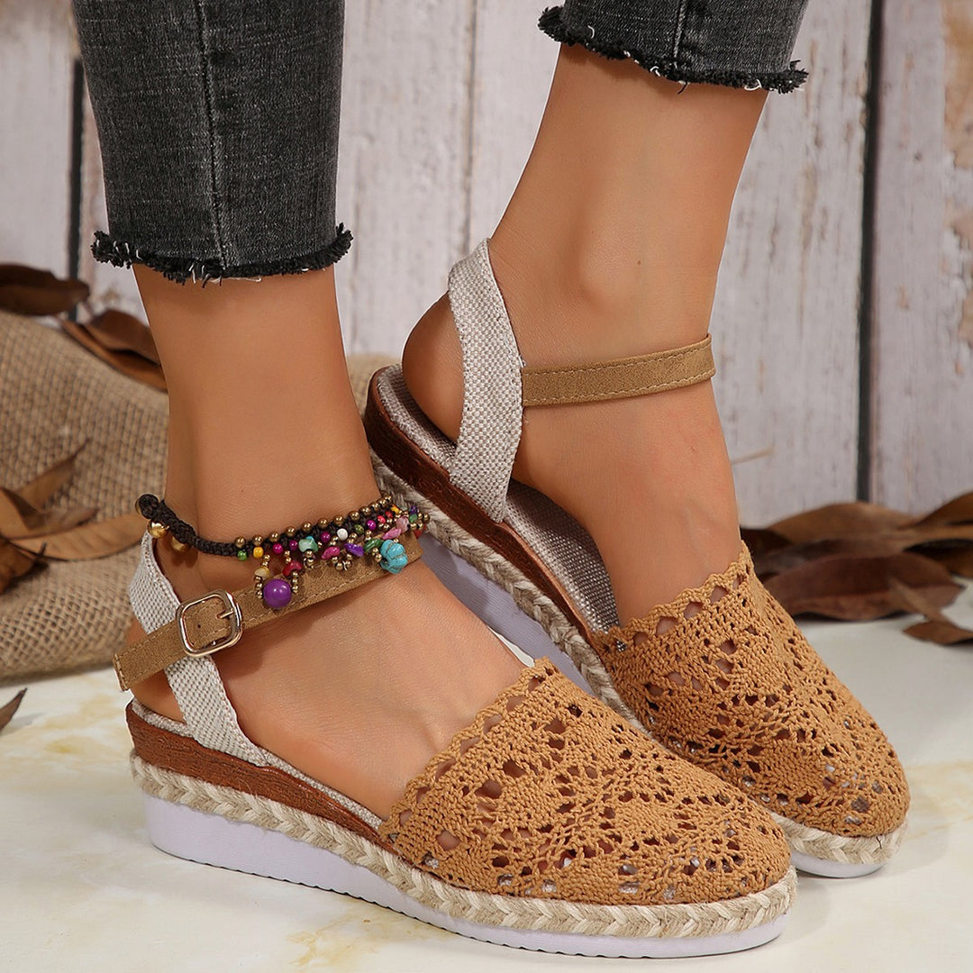 Damen elegante Espadrilles mit handgefertigtem Häkel-Design und verstellbarem Knöchelriemen Drune