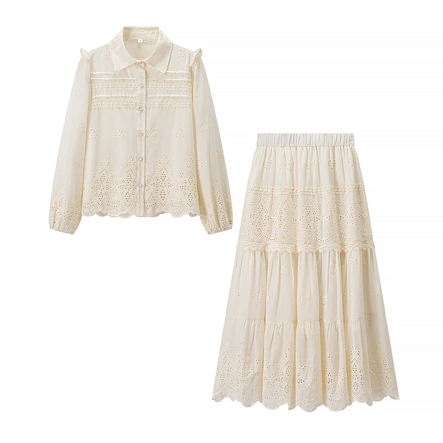 Damen Boho‑Maxikleid mit Stickereien, Spitzenbesatz, elastischer Taille und Hemdkragen Drune