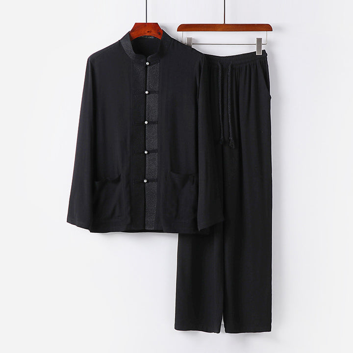 Herren Traditionelles Baumwoll-Loungewear-Set mit Stehkragen Knotenknöpfen und Kordelbundhose Drune