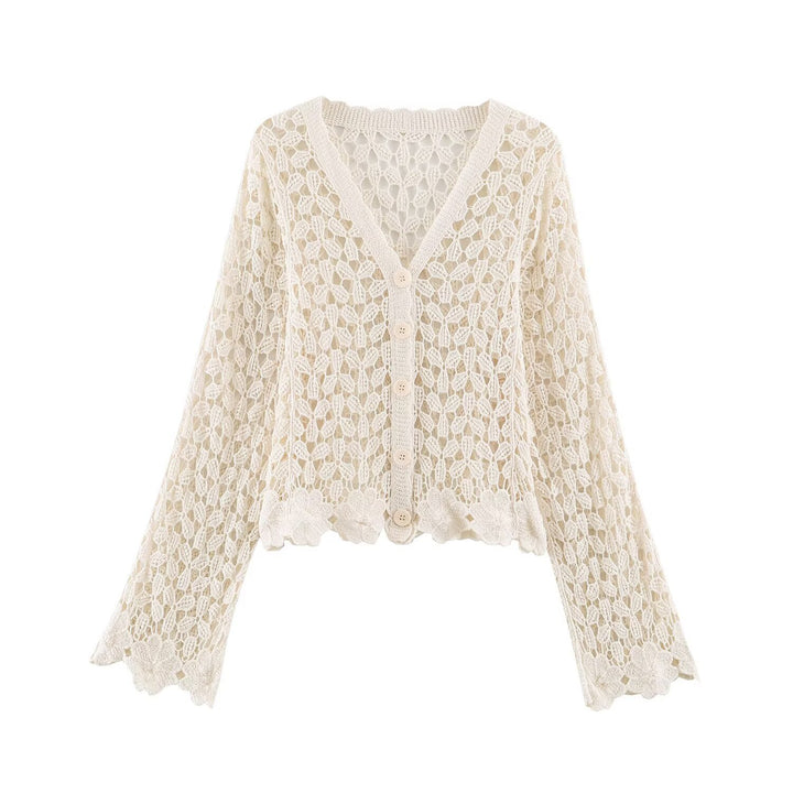 Damen Häkelcardigan mit Spitzeneffekt, V‑Ausschnitt und gewelltem Saum Drune