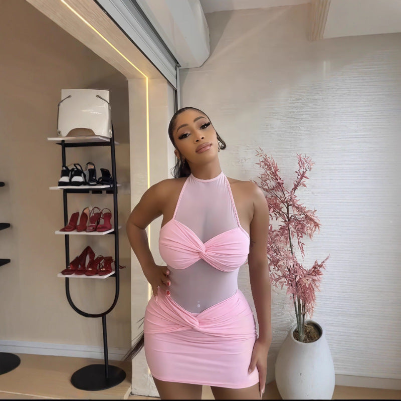 Damen Sexy Minikleid mit transparenten Einsätzen und elegantem Wickeldetail Drune