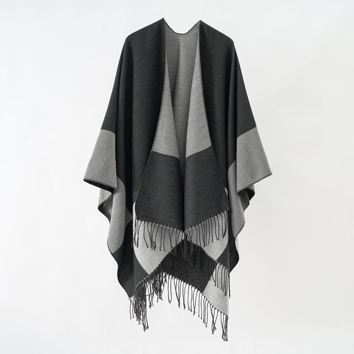 Damen Oversize-Ruana aus Wollmix mit Farbblock‑Design und Fransen Drune
