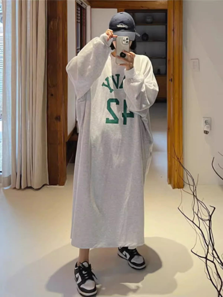 Damen Langes Oversize Hoodie‑Sweatkleid im College‑Look mit Raglanärmeln Drune