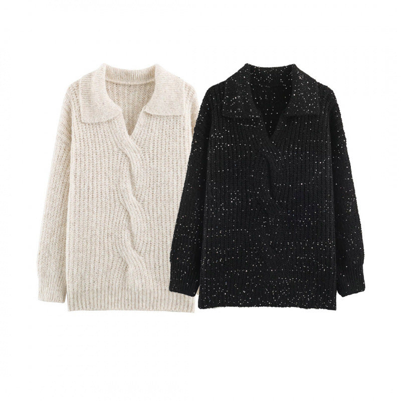 Damen Glitzernder Oversize Strickpullover mit Reverskragen und Paillettenbesatz Drune