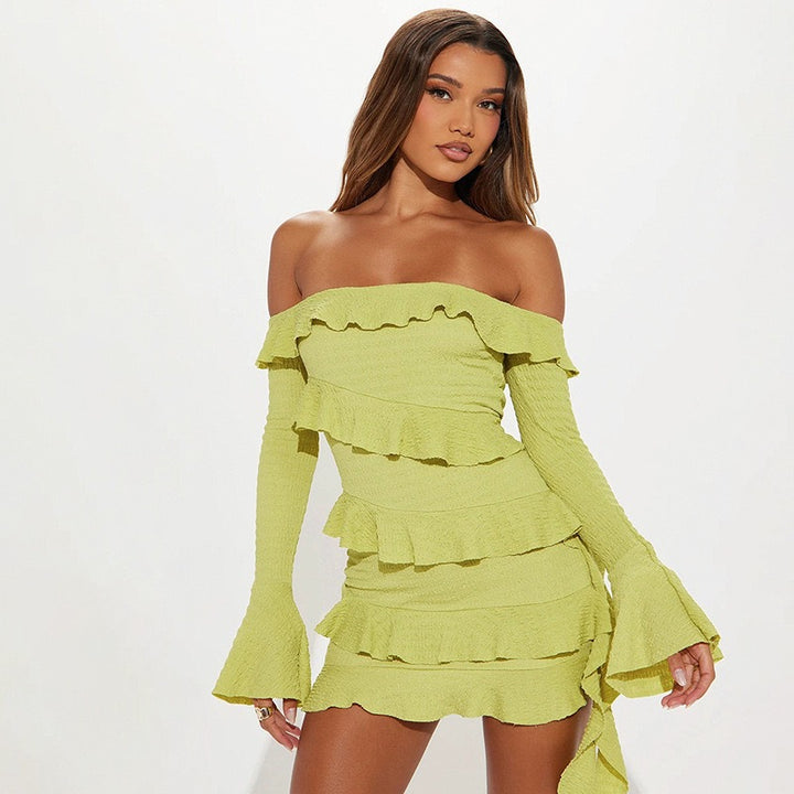 Damen verspieltes Wickelkleid mit Rüschen und schulterfreiem Design Drune