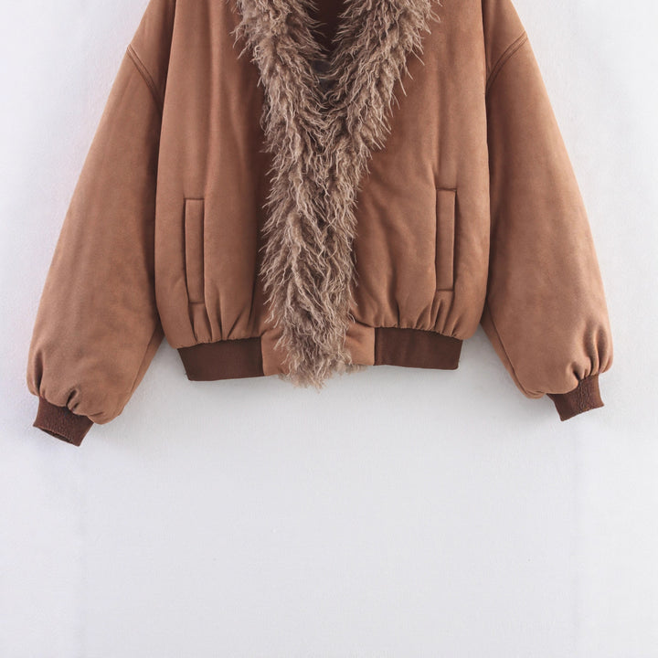 Damen kuschelige Wildlederjacke mit Fellkragen Drune