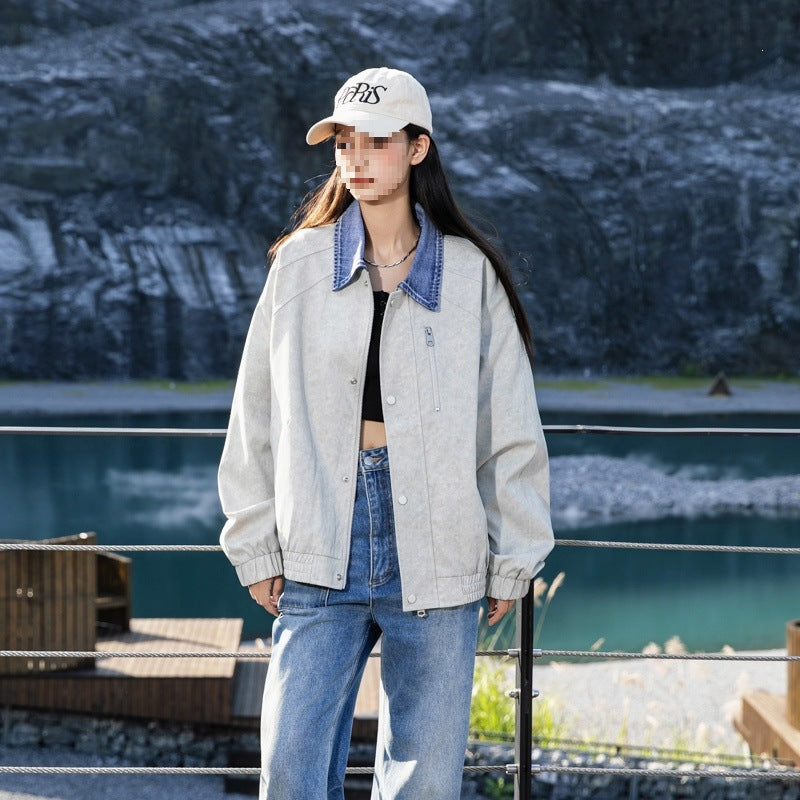 Damen Oversize-Übergangsjacke mit Jeanskragen, Druckknopfleiste & elastischen Bündchen Drune