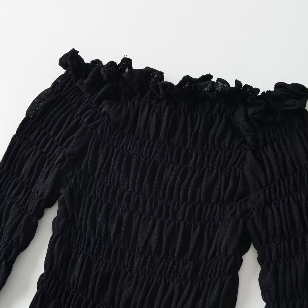 Damen Schulterfreies Smock-Top mit langen Ärmeln und Volant-Saum Drune