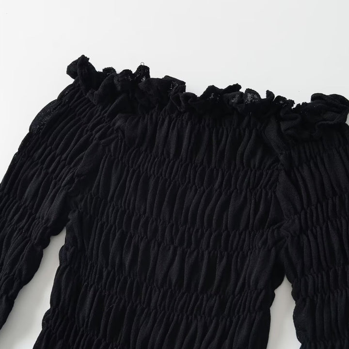 Damen Schulterfreies Smock-Top mit langen Ärmeln und Volant-Saum Drune