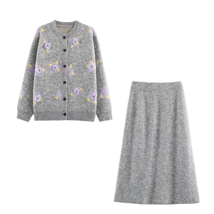 Damen Feinstrick-Zweiteiler Cardigan mit Blumen-Jacquard und tailliertem A-Linien Strickrock Drune
