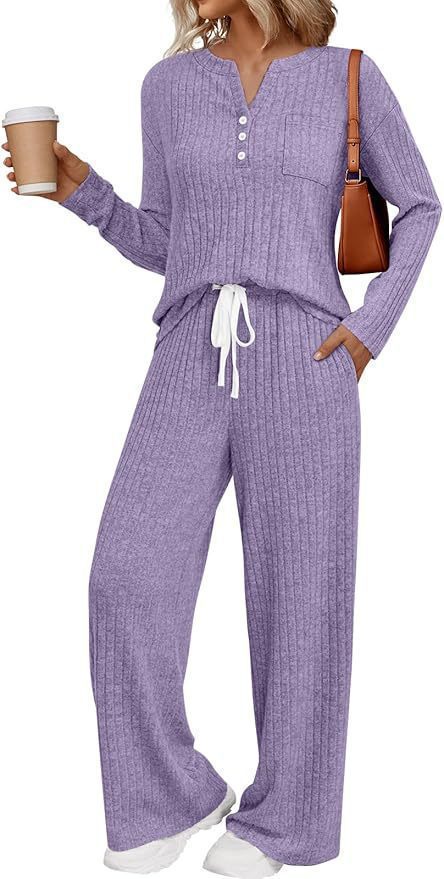 Damen Rippstrick-Lounge-Set mit Knopfleiste und weitem Kordelbund-Hose Drune