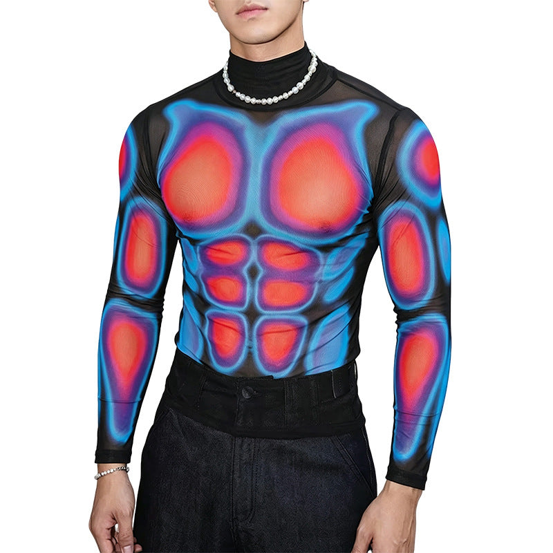 Herren Transparentes Mesh-Langarmshirt mit 3D-Muskeldruck Drune